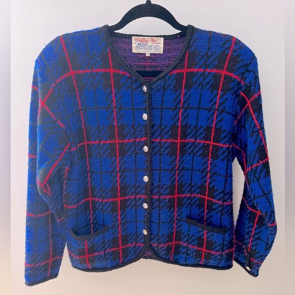 Preppy Vintage Tally Ho Creation Blue Black Red Plaid Cardigan w/ Pockets M - Picture 1 of 6